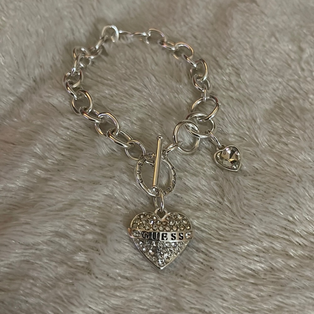 GUESS Women's Silvertone Chain Toggle Dangle Heart Charm Bracelet